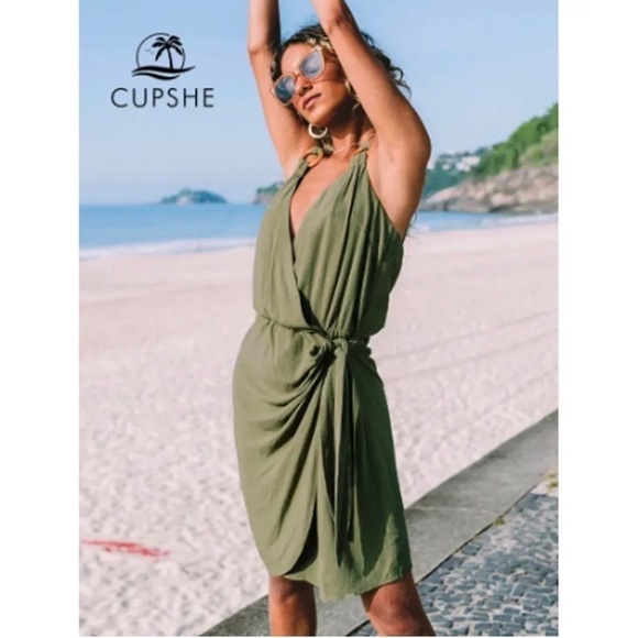 Cupshe Jeanette Wrap Dress Sz L Natural Wood O-Ring Tie Waist Linen V-Neck NWT - Picture 4 of 6